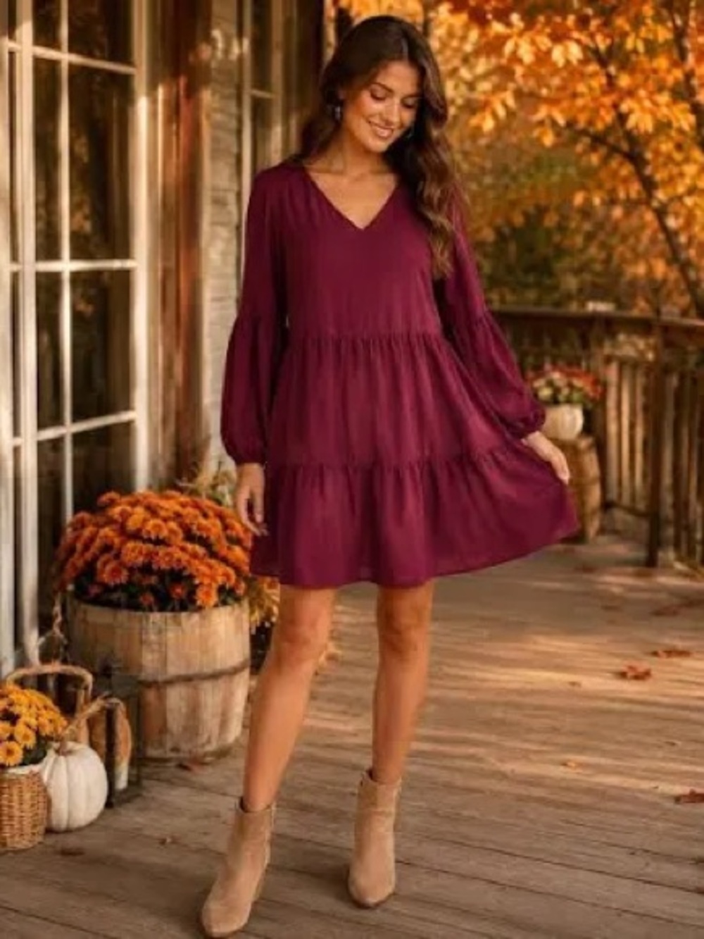 Women's V-Neck Tiered Long-Sleeve Dress in Burgundy. Medium